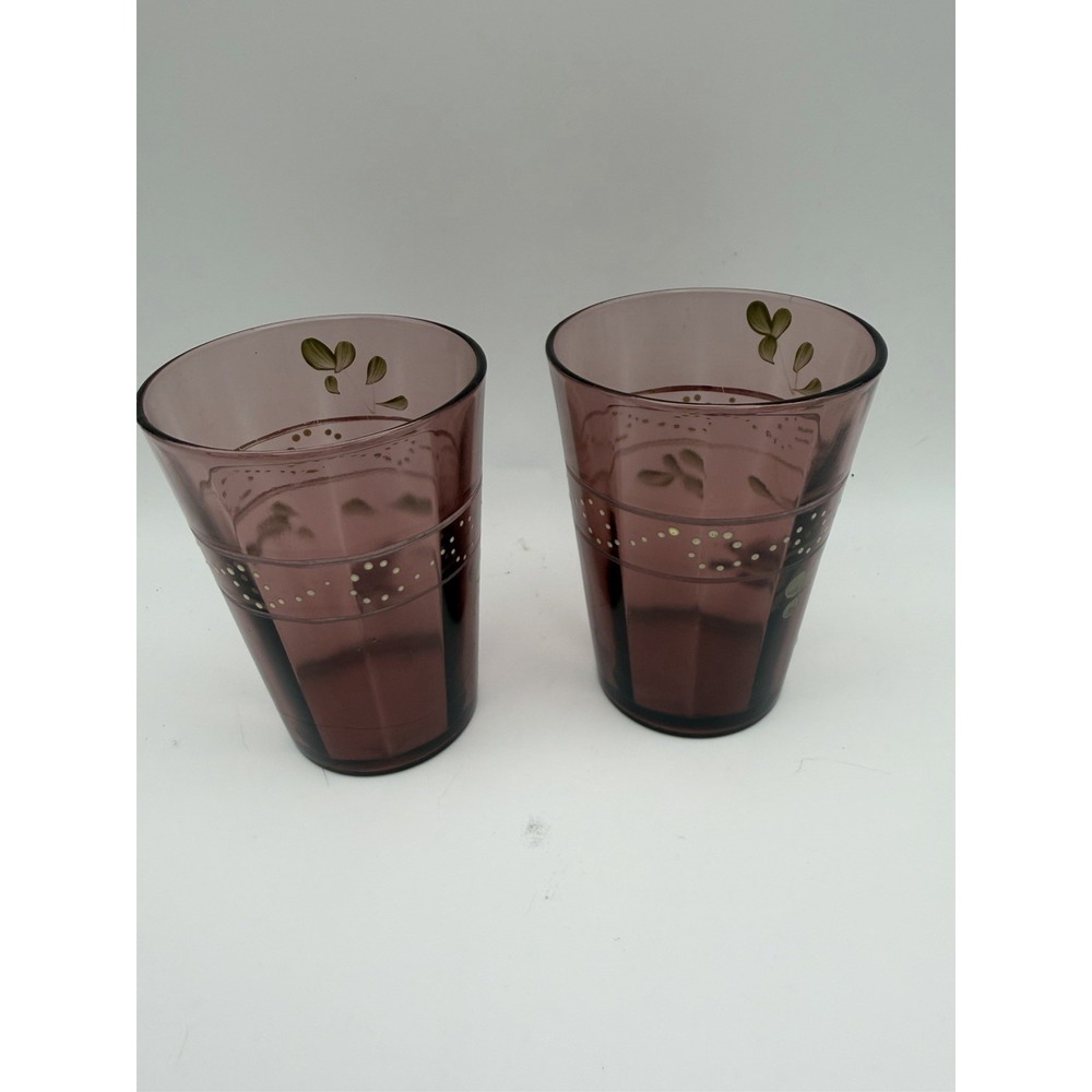 Pair Of Victorian Beaumont Amethyst Enamel Decorated Optic Glass Tumblers 4"H